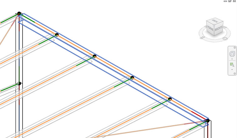 Rozdíly v BIM modelu a statickém modelu: Příčný nosník popisuje fyzikální konstrukční prvek. V modelu pro statickou analýzu se jedná buď o pět analytických prutů, nebo je třeba, aby síťový linker sítě konečných prvků byl schopen rozpoznat uzly ležící na linii nosníku, aby je odpovídajícím způsobem zajistily.