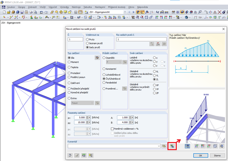 Dialog Zatížení na prut