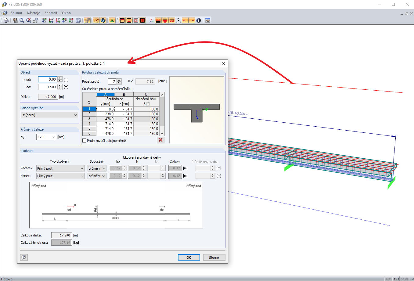 Úprava výztuže přímo v grafickém okně