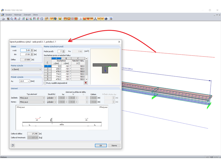 Úprava výztuže přímo v grafickém okně