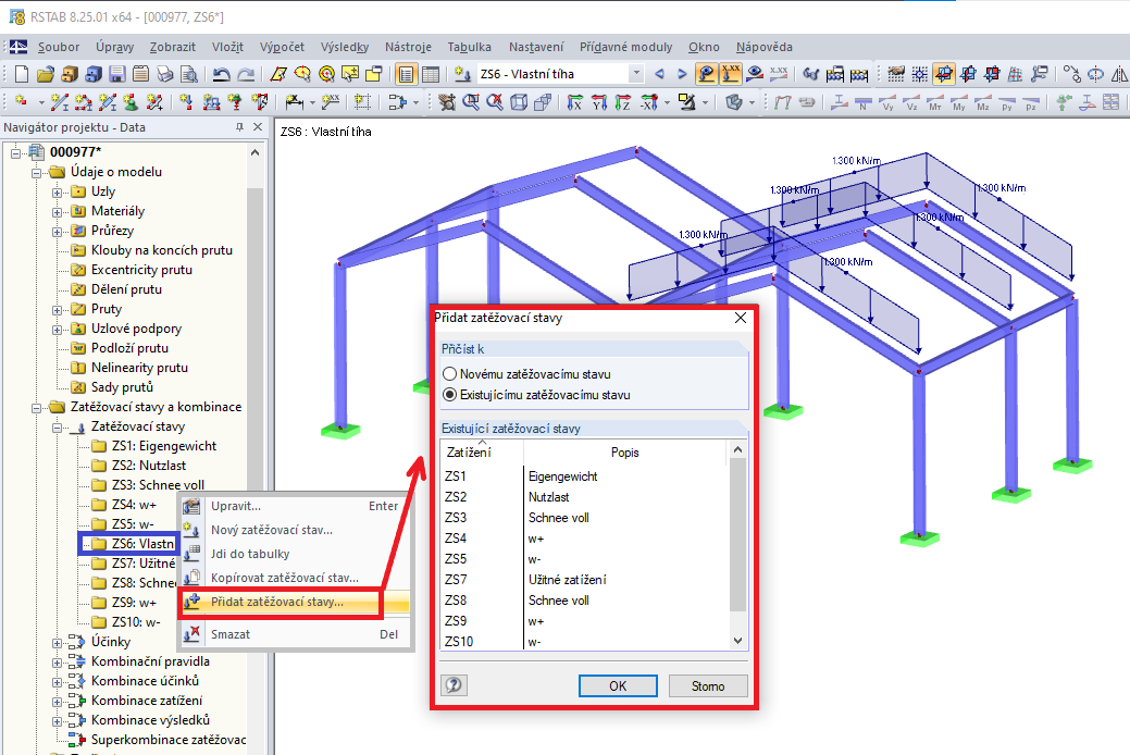 Přidání zatěžovacích stavů
