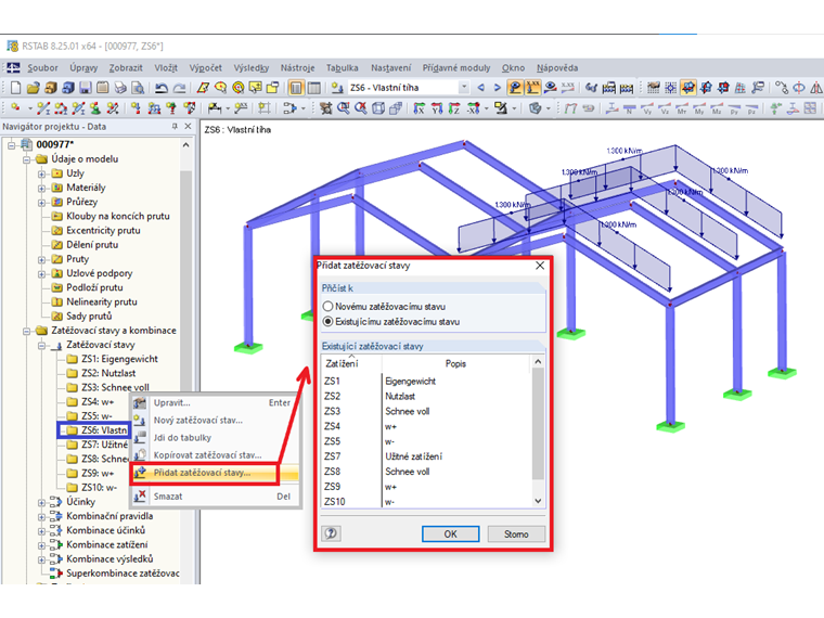 Přidání zatěžovacích stavů