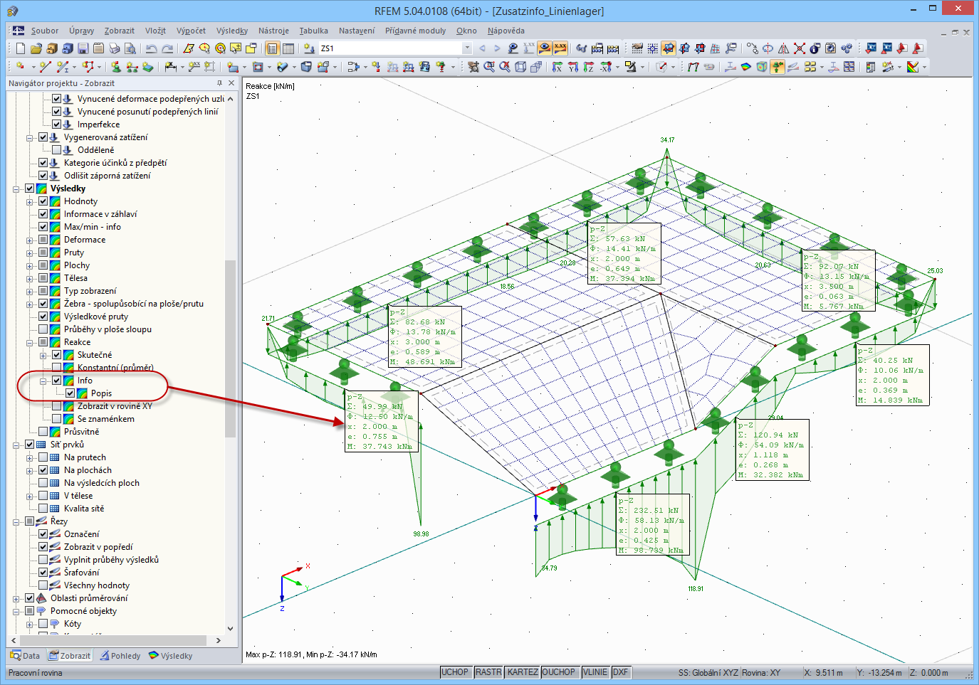 Zobrazení doplňujících informací pro liniové podpory