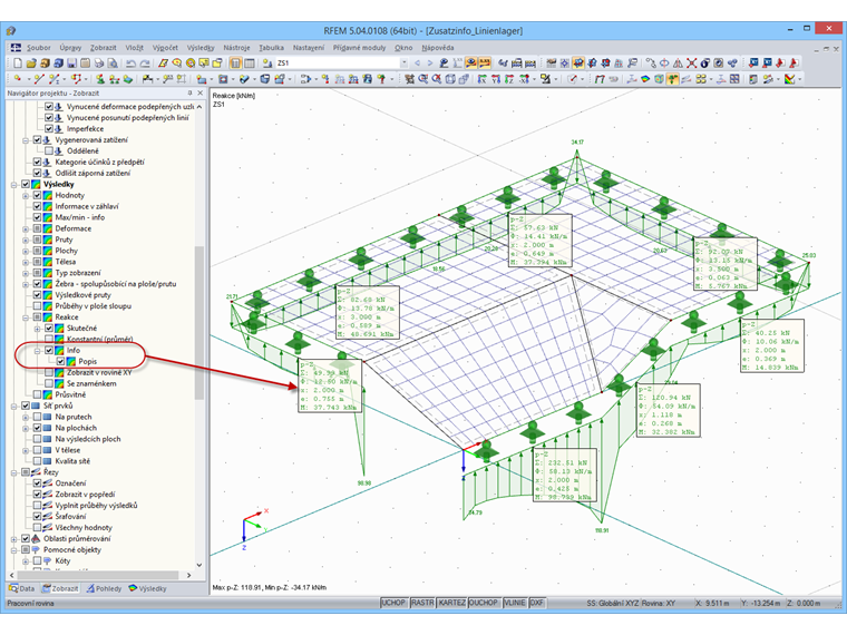 Zobrazení doplňujících informací pro liniové podpory