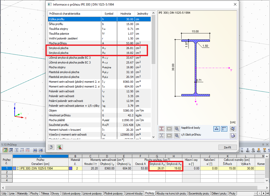 Smyková plocha parametrického válcovaného profilu IPE 300