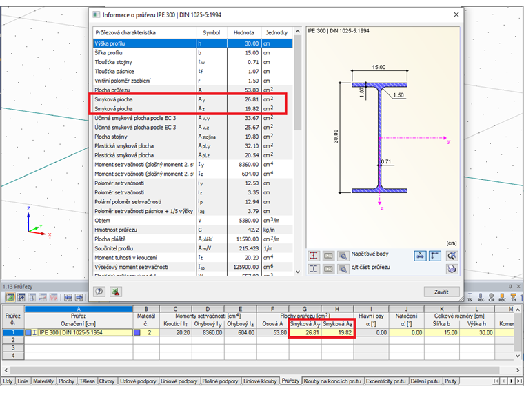 Smyková plocha parametrického válcovaného profilu IPE 300