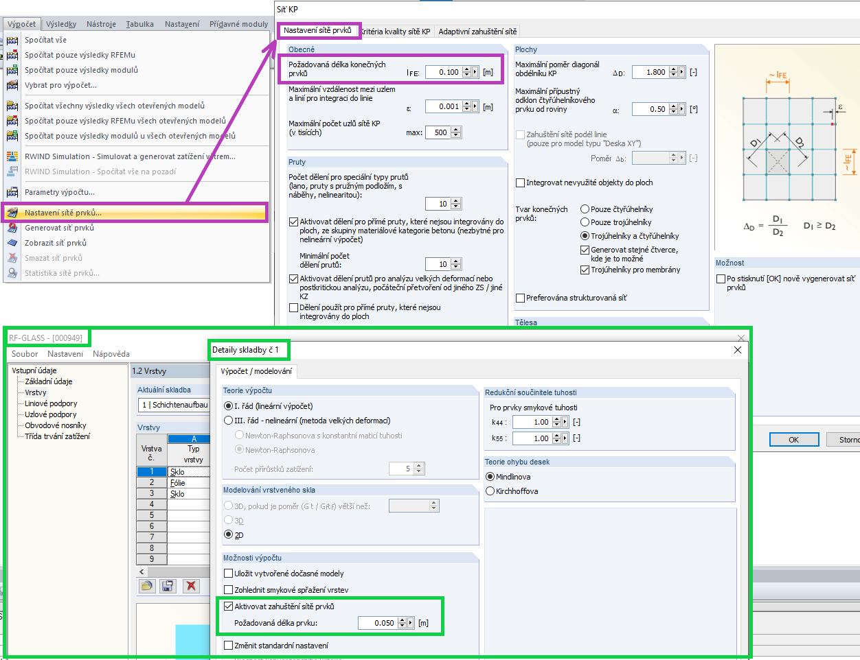 Možnosti nastavení sítě konečných prvků