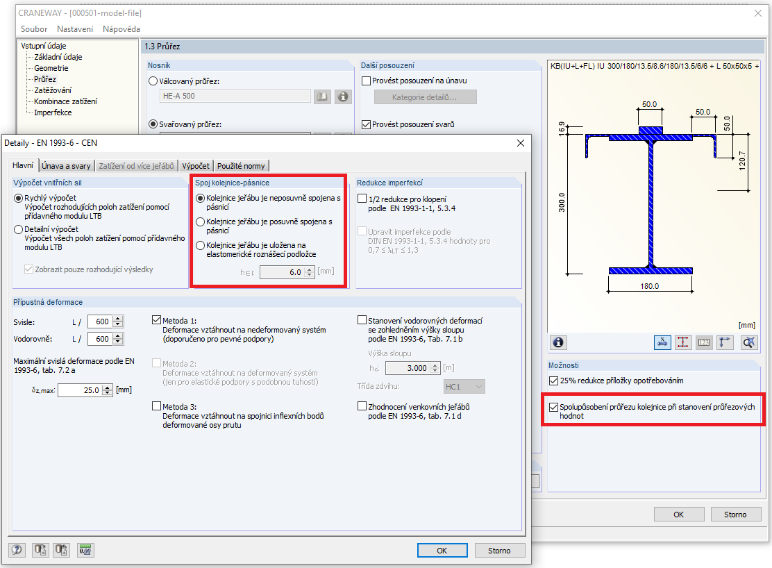 Spolupůsobení průřezu kolejnice
