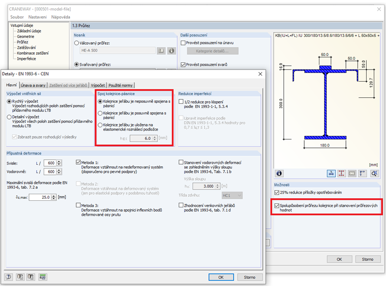 Spolupůsobení průřezu kolejnice