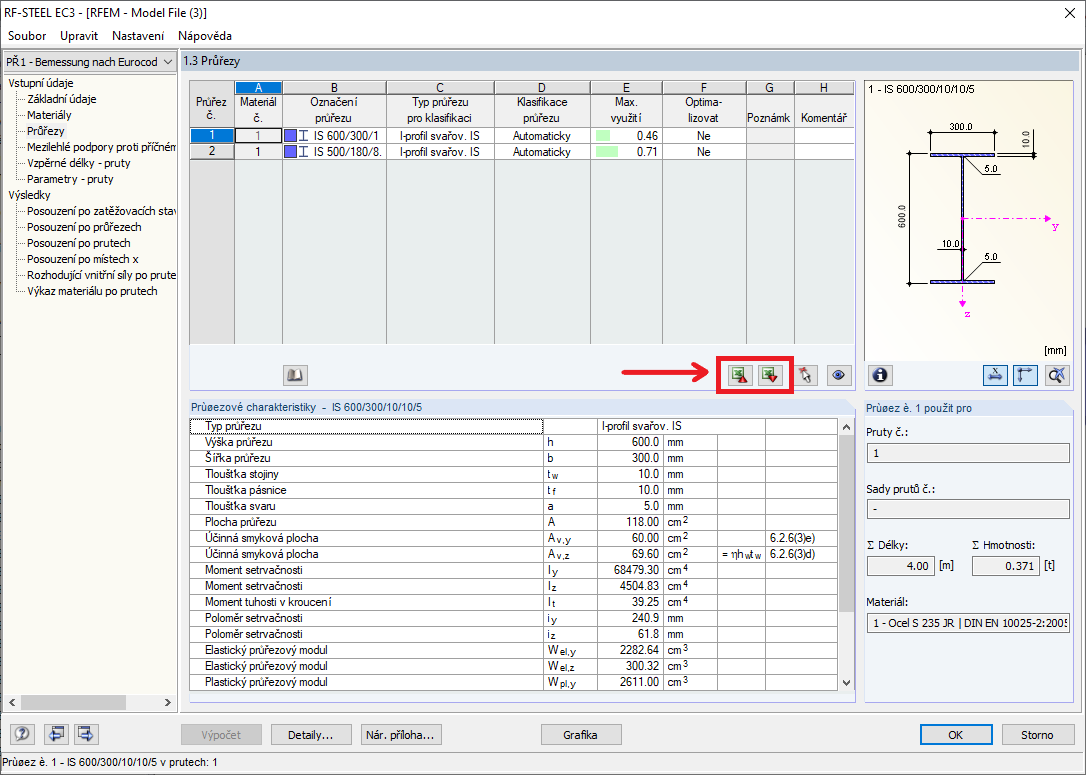 Funkce pro import/export průřezů v modulu RF-/STEEL EC3