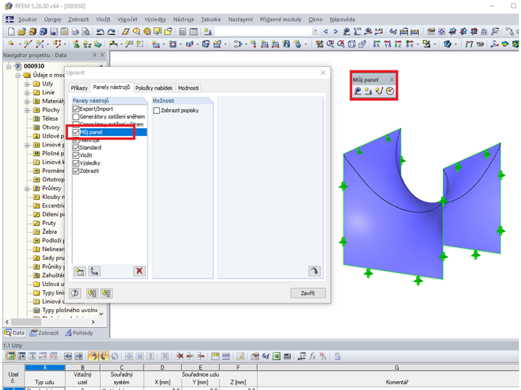 Uživatelsky zadaný panel nástrojů