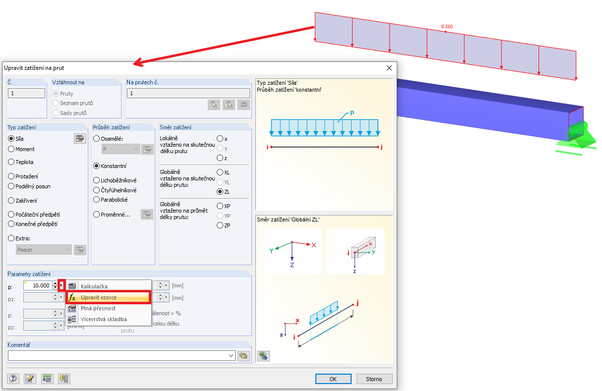 Upravit zatížení na prut