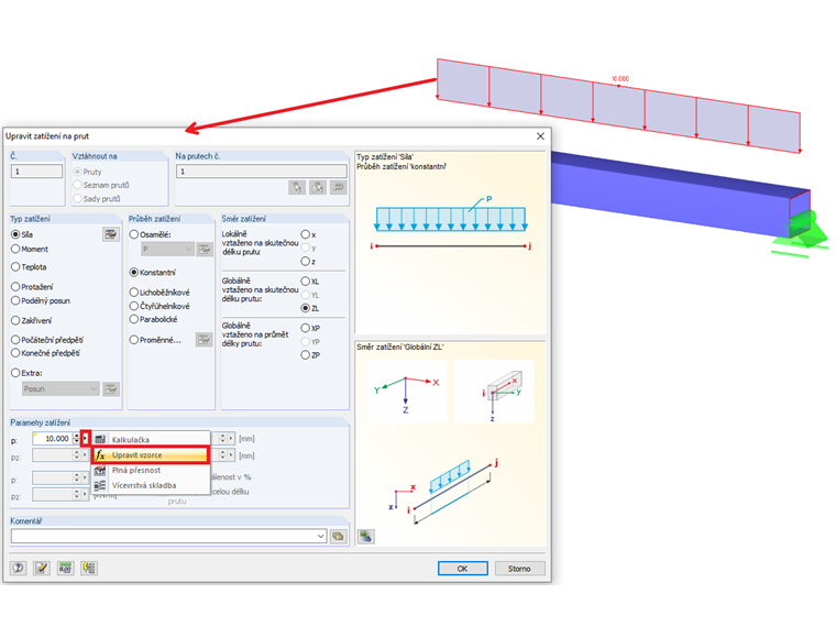 Upravit zatížení na prut