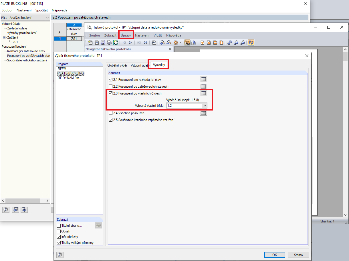 Vybrané výsledky po vlastních číslech s posouzením boulení