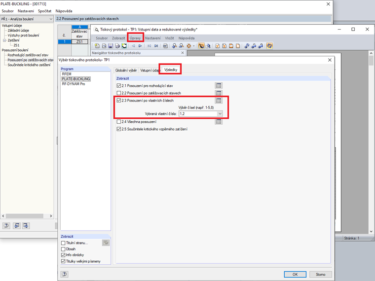 Vybrané výsledky po vlastních číslech s posouzením boulení