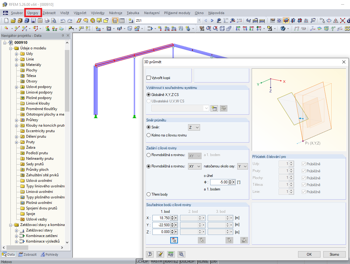 Průmět prutů do nové roviny