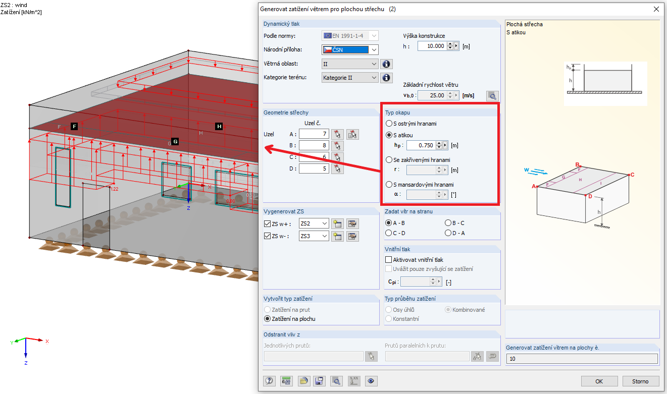 Zohlednění typu okapu při generování zatížení větrem
