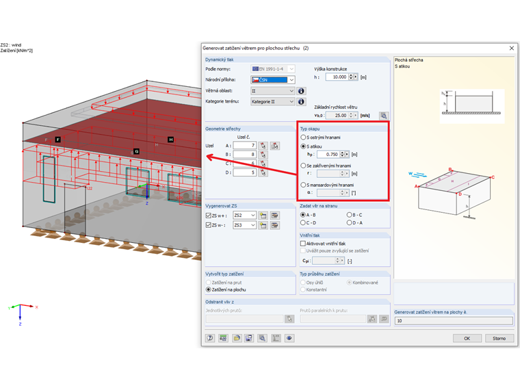 Zohlednění typu okapu při generování zatížení větrem