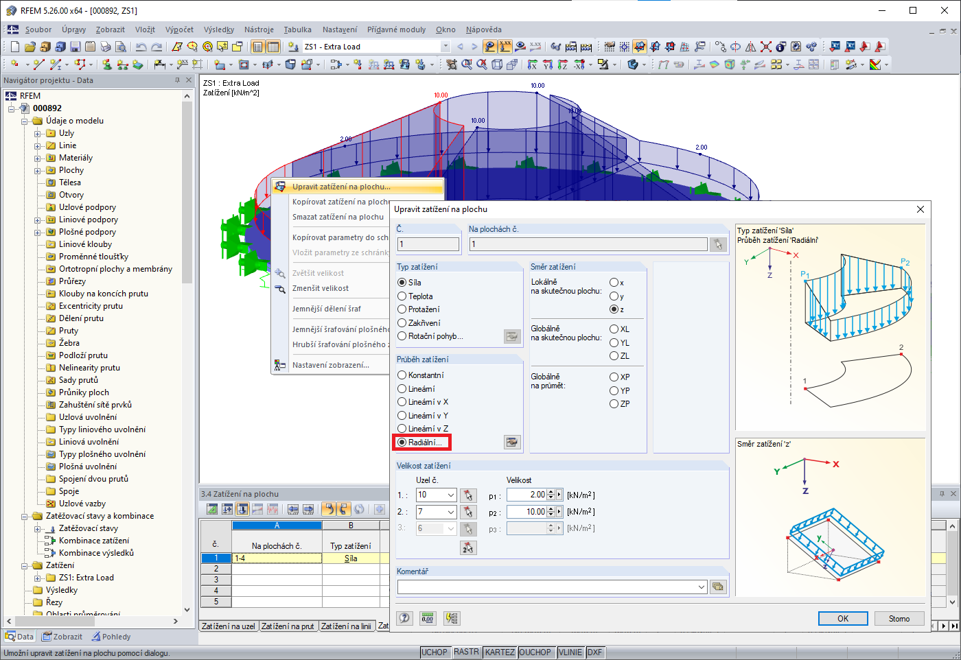 Upravit zatížení na plochu: průběh zatížení "Radiální"