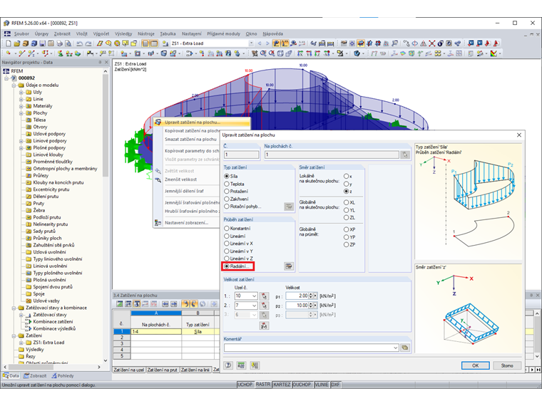Upravit zatížení na plochu: průběh zatížení "Radiální"