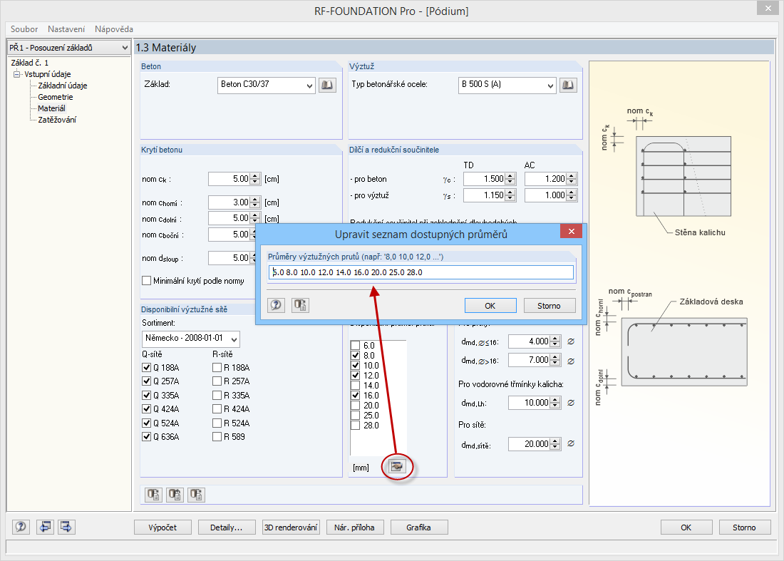 Nastavení dostupných průměrů výztuže
