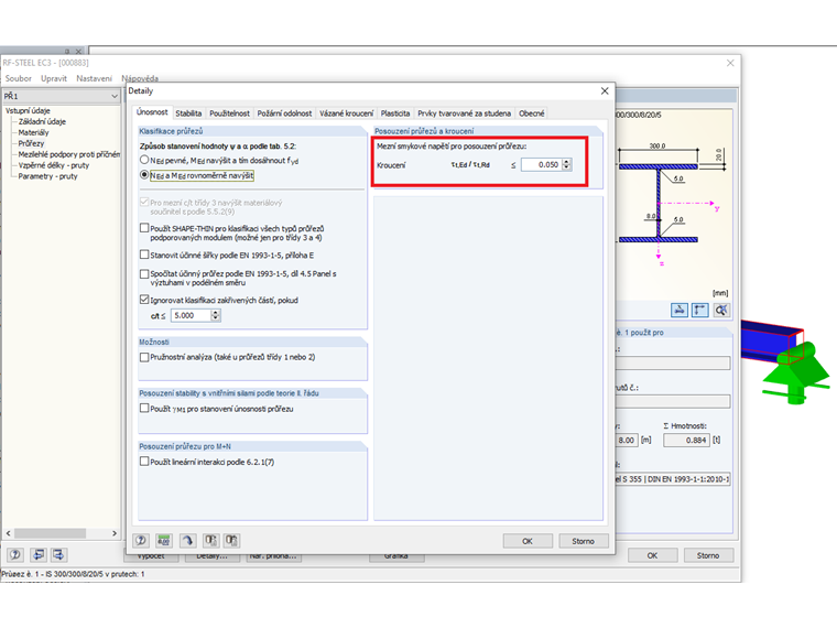 Mezní hodnota smykových napětí v kroucení pro posouzení průřezu