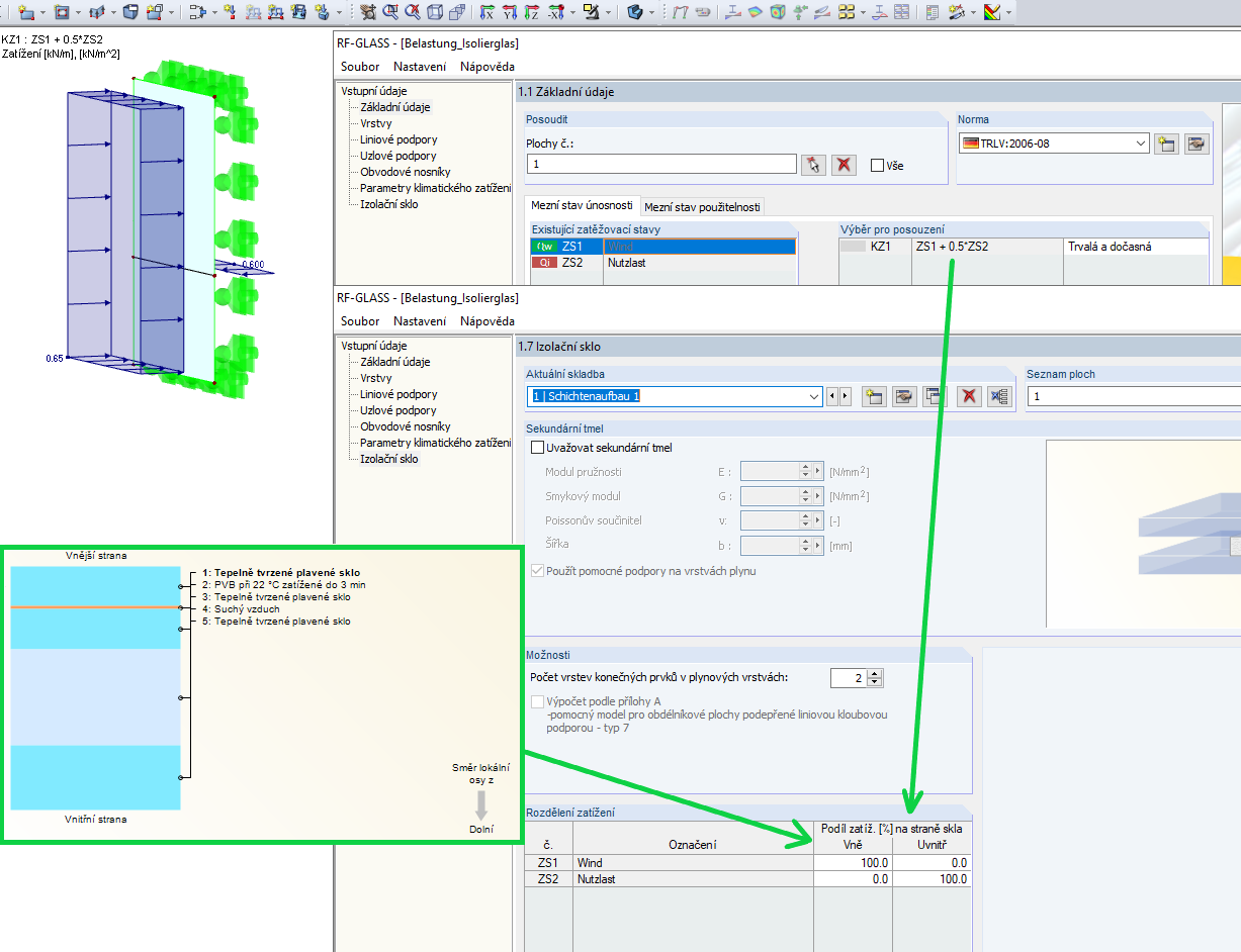 Rozdělení zatížení jednotlivých zatěžovacích stavů na různé vrstvy izolačního skla
