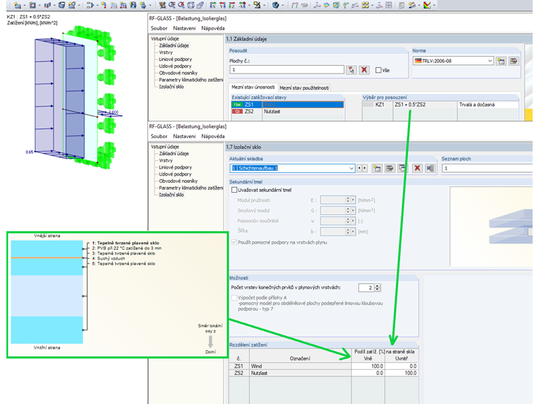 Rozdělení zatížení jednotlivých zatěžovacích stavů na různé vrstvy izolačního skla