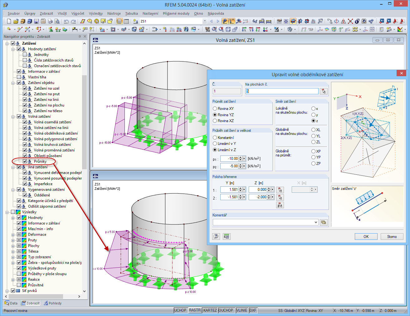 Zobrazení průsečíku volných plošných zatížení