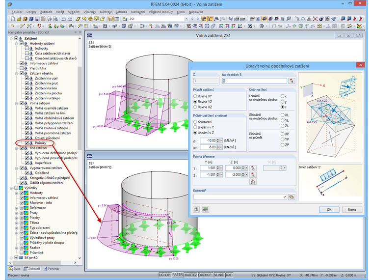 Zobrazení průsečíku volných plošných zatížení