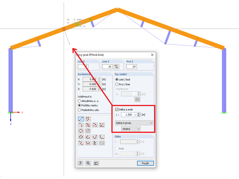 Zadání prutu kolmo na jiný prut