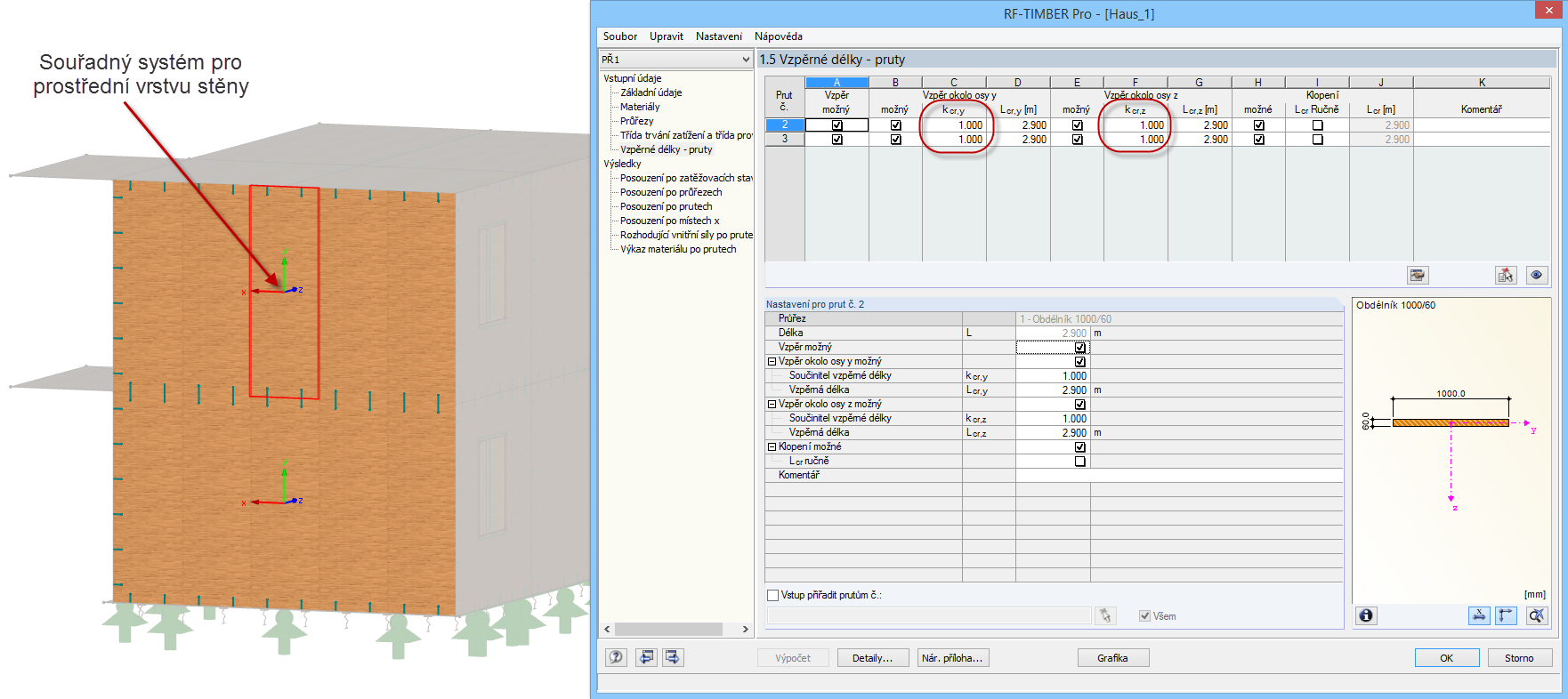Posouzení stability pro stěny z křížem lepeného dřeva pomocí výsledkového prutu