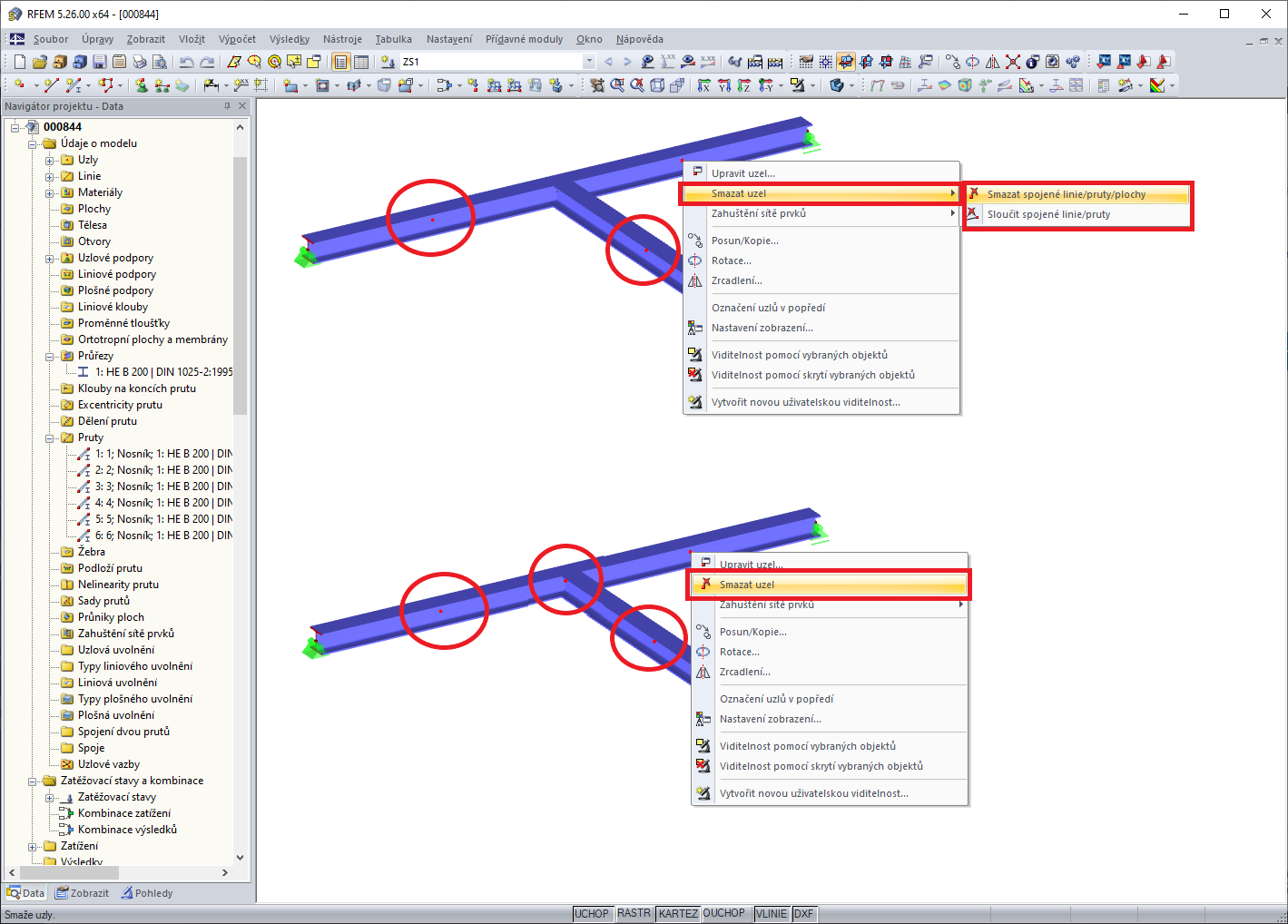 Smazání uzlu a sloučení linií