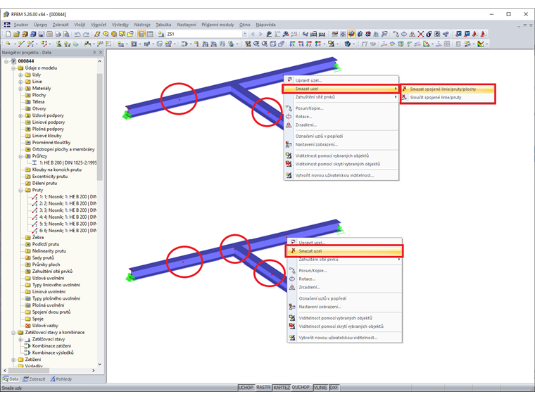 Smazání uzlu a sloučení linií