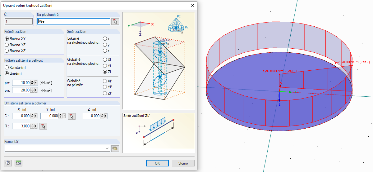 Proměnné radiální zatížení na kruhovou výseč