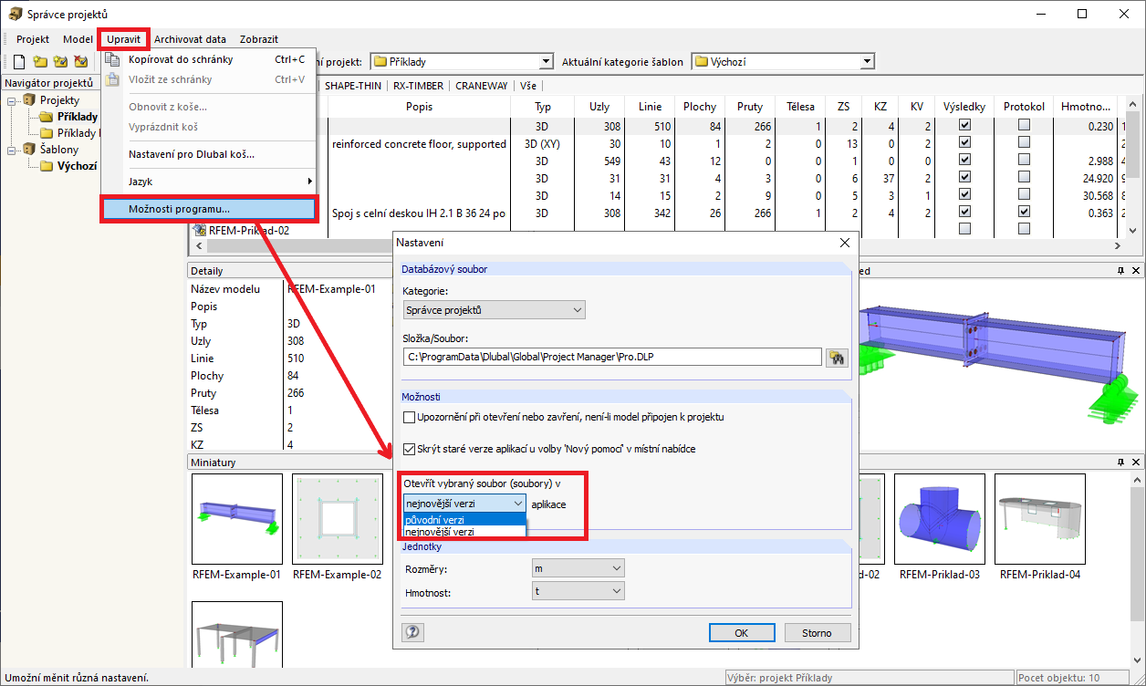 Festlegung des Standardprogramms im Projektmanager