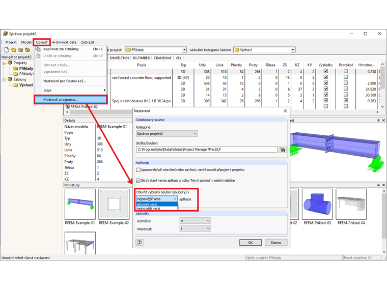 Festlegung des Standardprogramms im Projektmanager