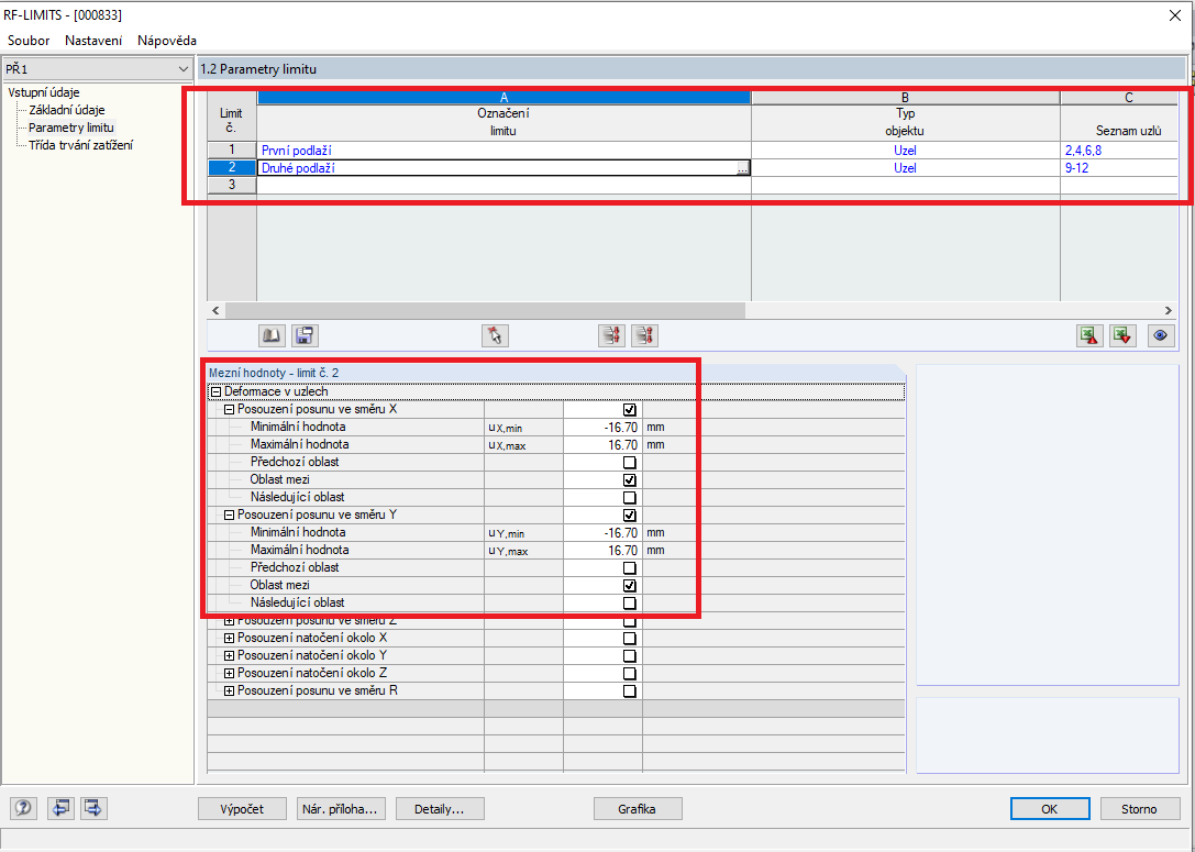Porovnání posunů se zadanými mezními hodnotami