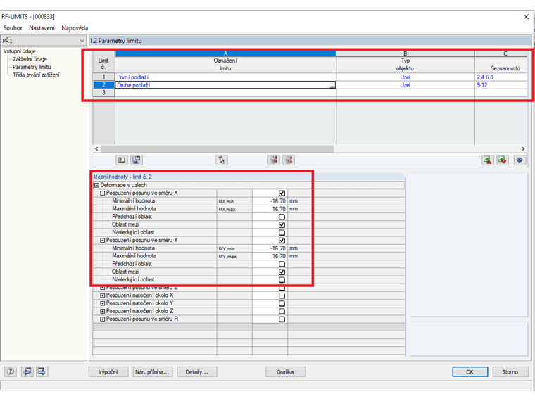 Porovnání posunů se zadanými mezními hodnotami