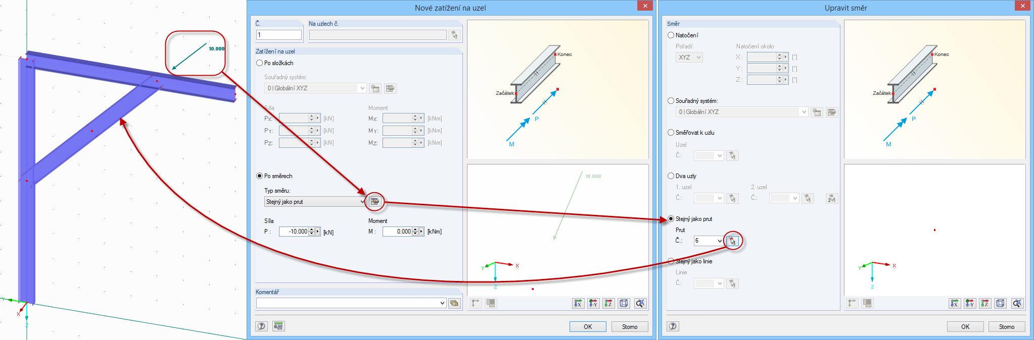 Zatížení na uzel po složkách