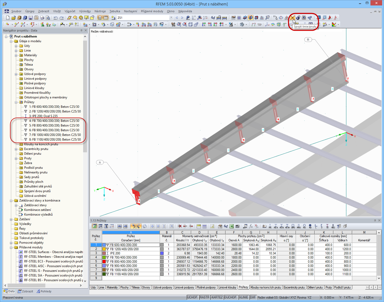 Stanovení rozdílných výšek průřezu prutu s náběhem pomocí funkce „Spojit linie/pruty“