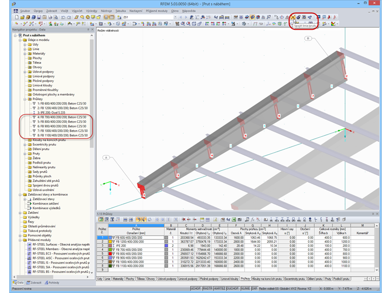 Stanovení rozdílných výšek průřezu prutu s náběhem pomocí funkce „Spojit linie/pruty“