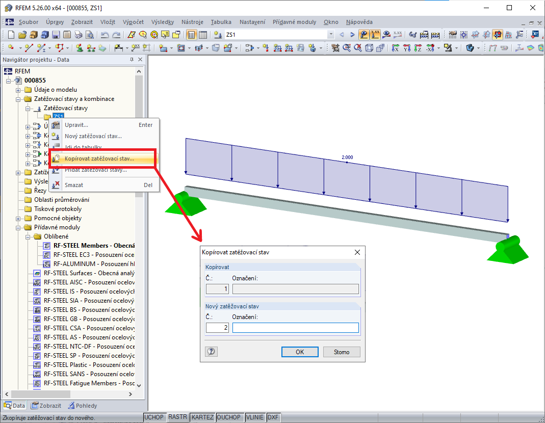 Kopírování zatěžovacího stavu pomocí navigátoru Data