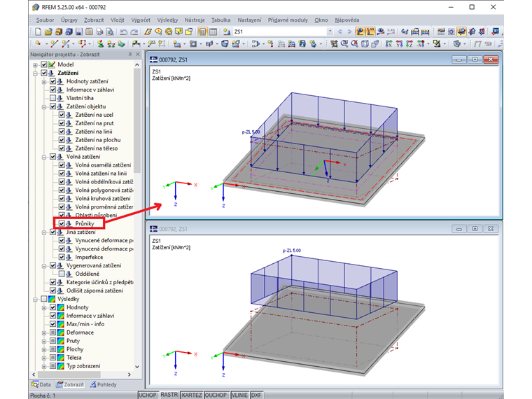 Zobrazení průniků volných zatížení