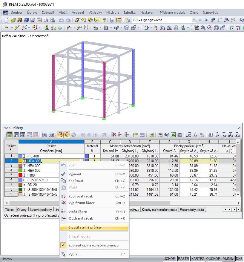 Sloučit stejné průřezy