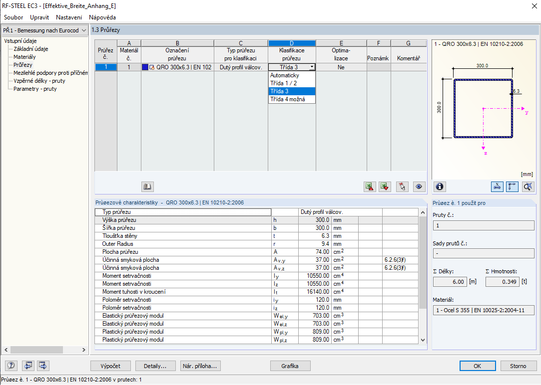 Ruční výběr třídy průřezu