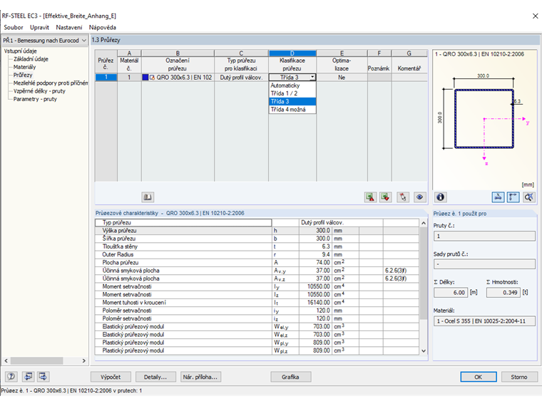 Ruční výběr třídy průřezu