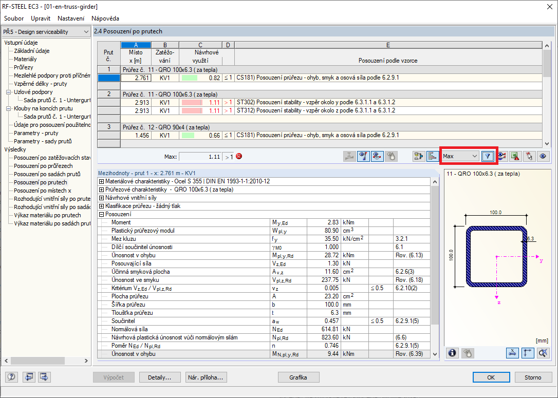 Maximální posouzení po prutech