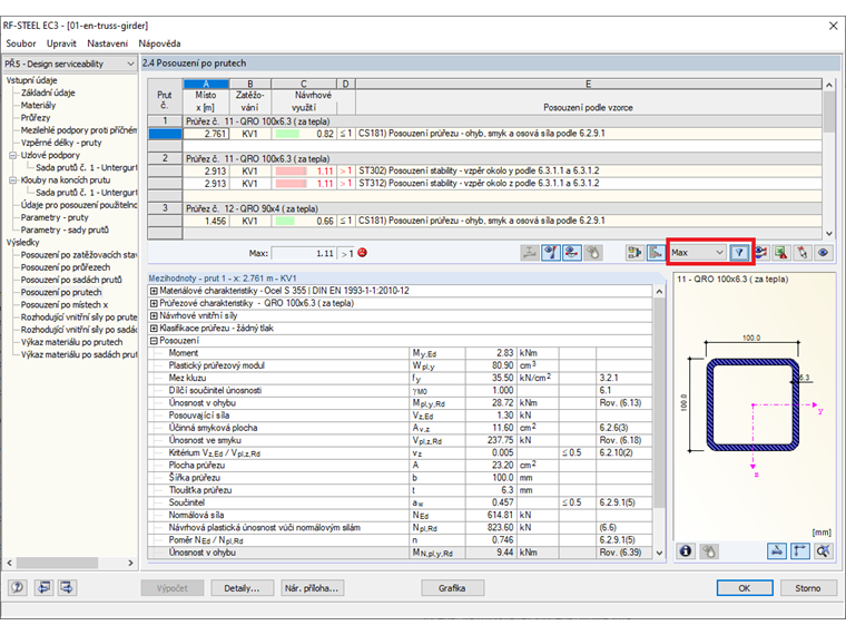 Maximální posouzení po prutech
