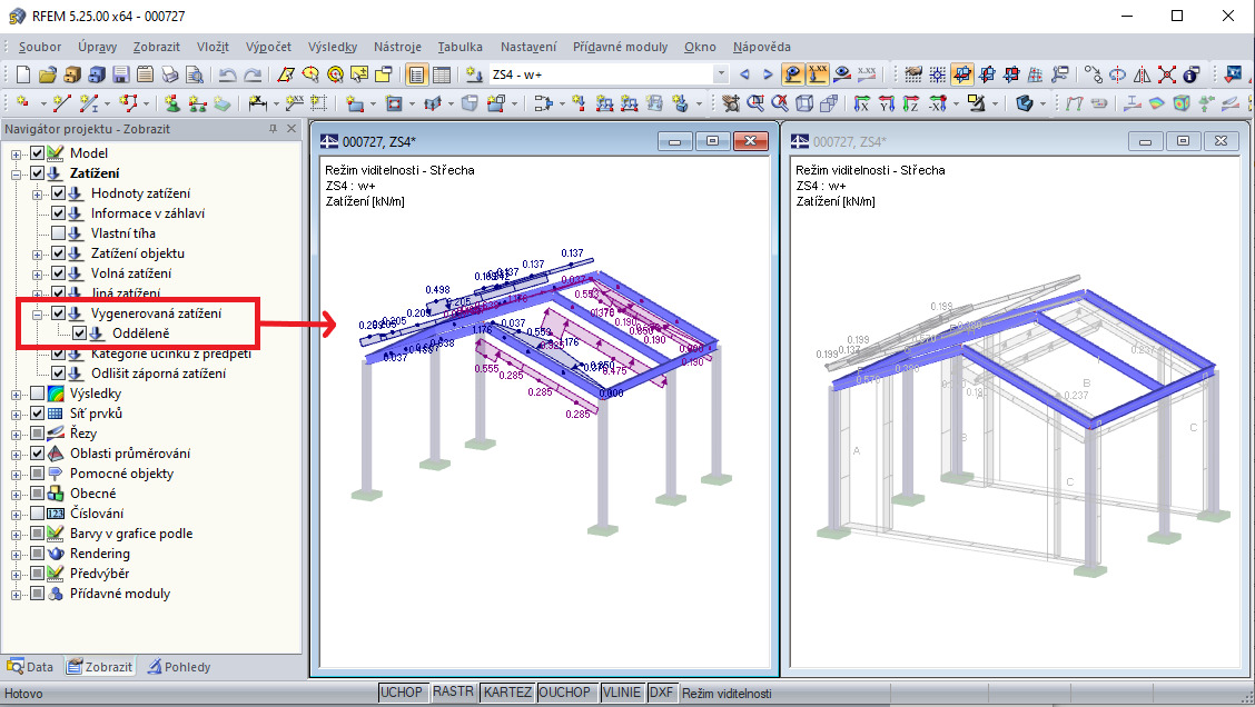 Režim viditelnosti s vygenerovanými zatíženími